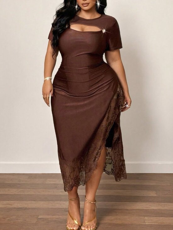 Dresses & Skirts - Brown Elegant Women's Round Neck Fitted Short Sleeve Dress